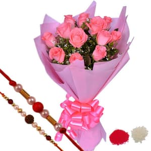 Pink Roses Bunch n Rakhi